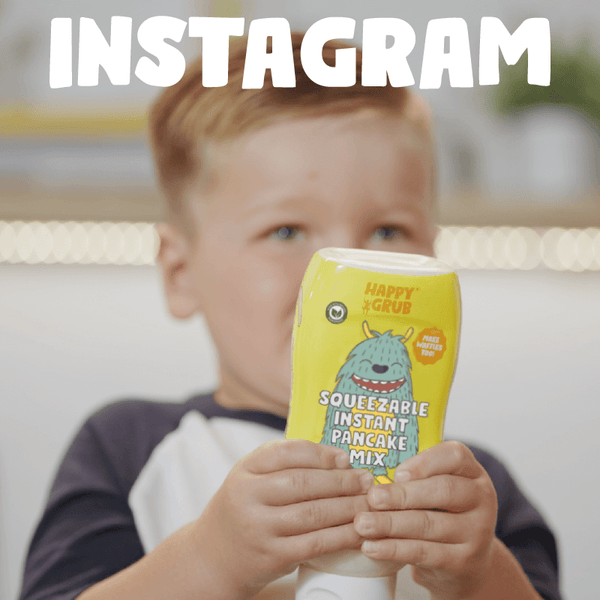 Instagram link with picture of kid shaking Banana healthy and tasty pancake mix bottle