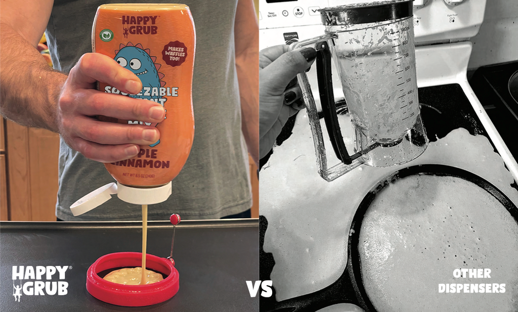 Pancake Mix Dispenser Vs. Happy Grub Squeezable Instant Pancake Mix!